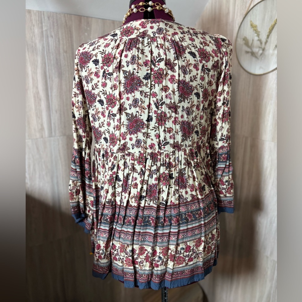 Altar'd State Bohemian Floral Blouse in Cream and Burgundy - Picture 2 of 10